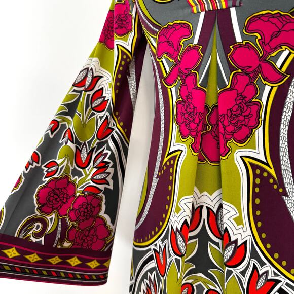 Hale Bob Lotus Stretch Jersey Shift Mini Dress Long Bell Sleeves Retro Floral XS - Picture 4 of 12